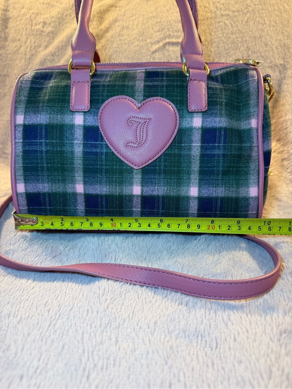 🦩 Juicy Couture Pink Plaid Varsity Satchel Handbag with Plush Charm - Picture 6 of 11